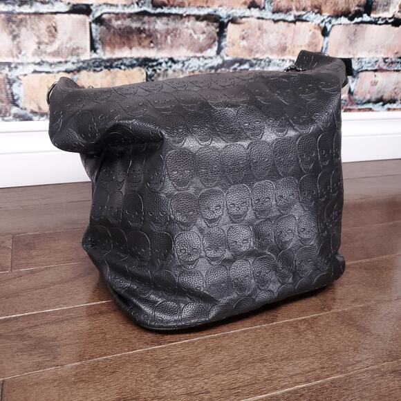 Skull Embossed Bucket Bag Tote Black Shopper Purse Chain Gothic Punk Alternative - Picture 9 of 11